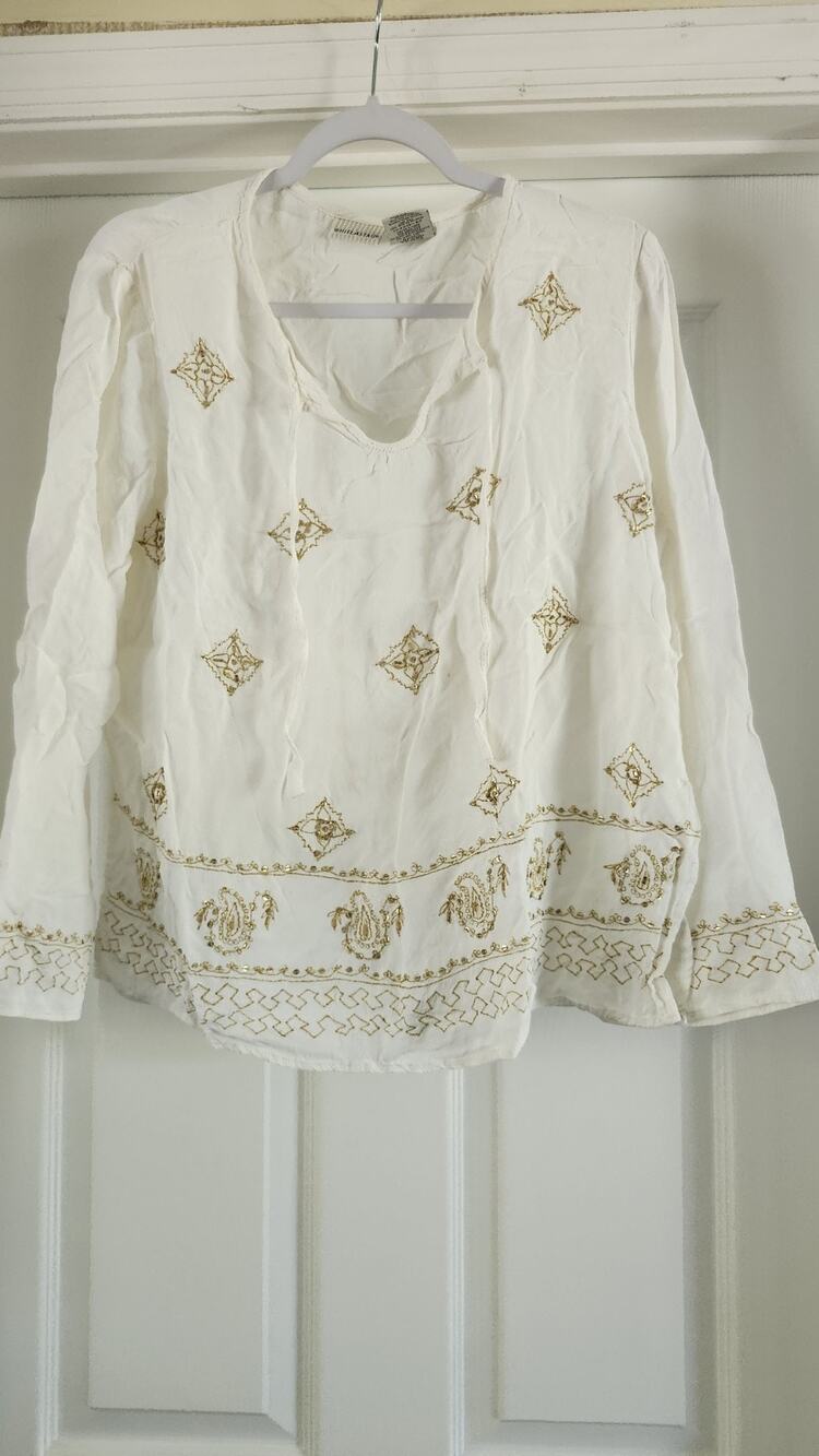 Vintage White Stag Embroidered Boho Peasant Blouse Arctic White Gold XL #349